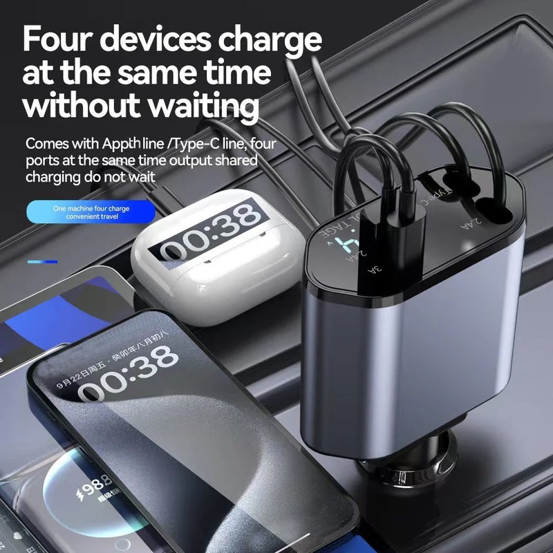 Bluejw 100W/120W PD 4-in-1 Car Charger with Dual Retractable Cables, Fast Automobile Chargers, Widely Compatible Type-C Car Charger for Fast Charging - Image 4